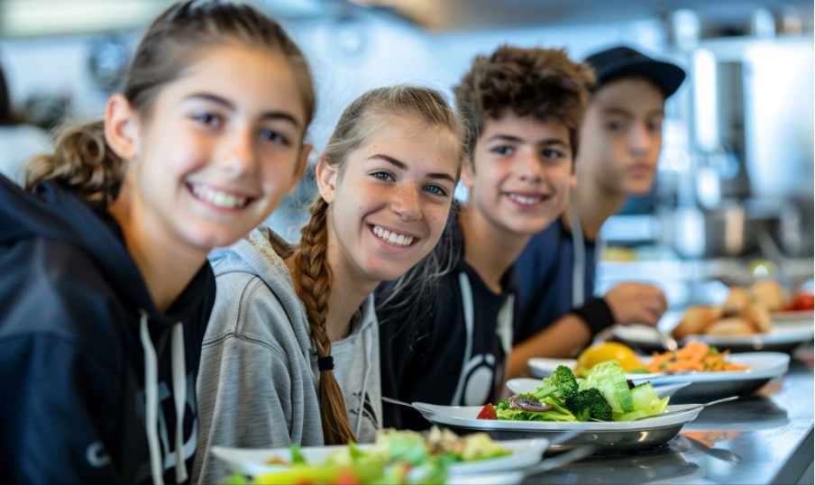 Groupe d’élèves déjeunant dans un restaurant lors d’une sortie scolaire encadrée