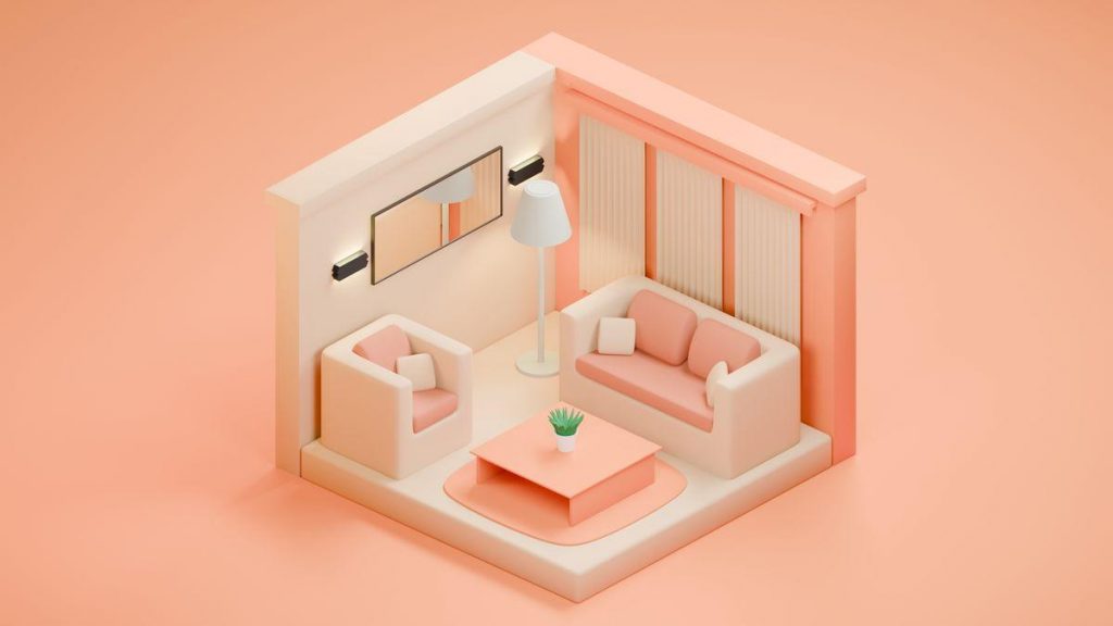 Rendu 3D isométrique d'un mini salon avec canapé, fauteuil et table basse aux tons pastel sur fond orange