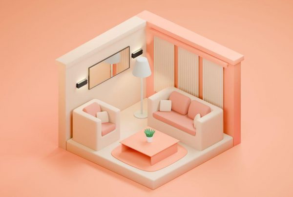 Rendu 3D isométrique d'un mini salon avec canapé, fauteuil et table basse aux tons pastel sur fond orange